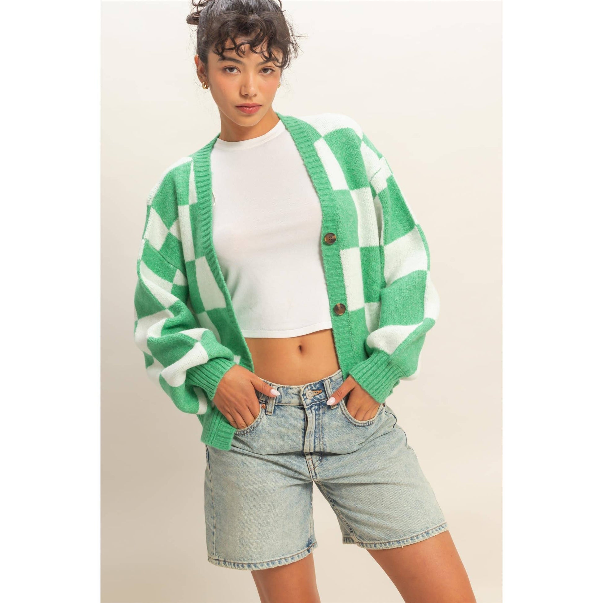 Checkered Button Front Cardigan Sweater - Green