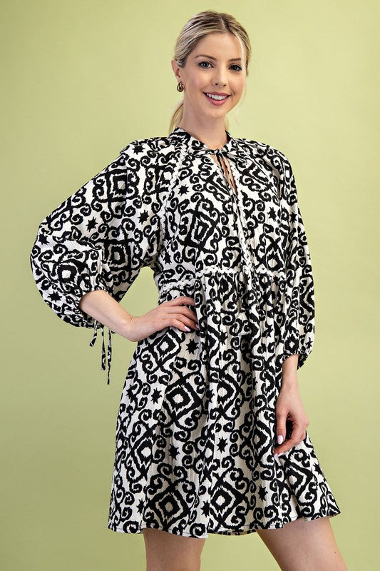 Printed Babydoll Dress with Ric-Rac Trim Details and Sleeve Ties