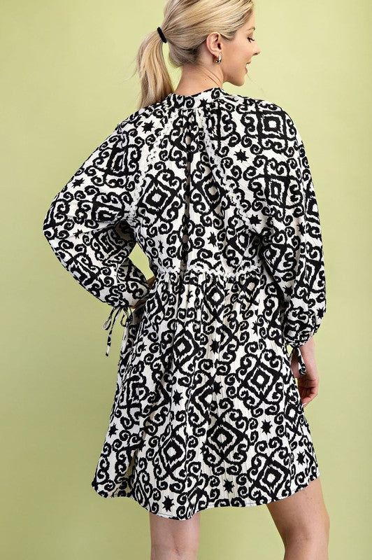Printed Babydoll Dress with Ric-Rac Trim Details and Sleeve Ties