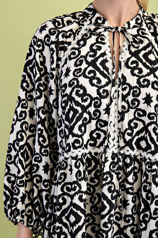 Printed Babydoll Dress with Ric-Rac Trim Details and Sleeve Ties