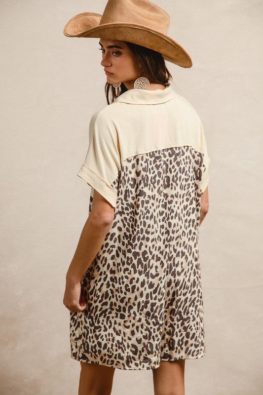 Leopard Print Combo Buttoned Collared Jumpsuit