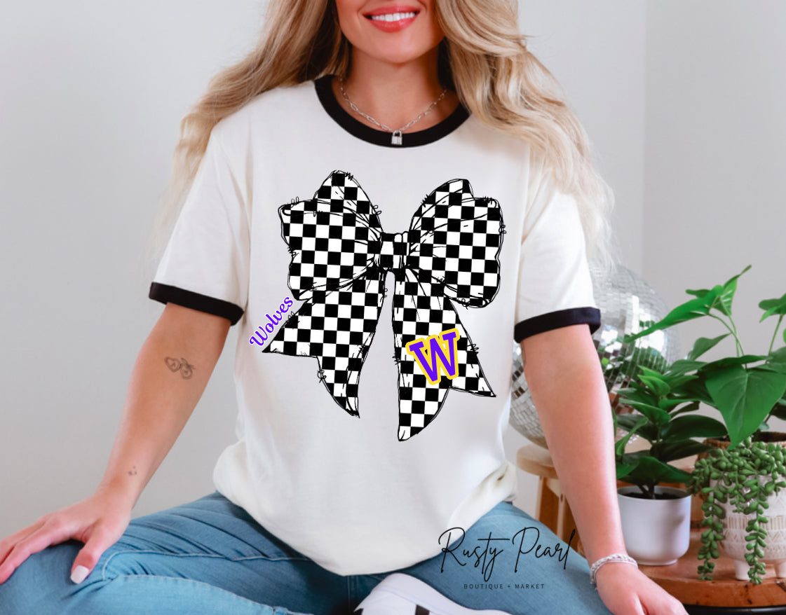 Wolves Checkered Bow Graphic Ringer T-Shirt