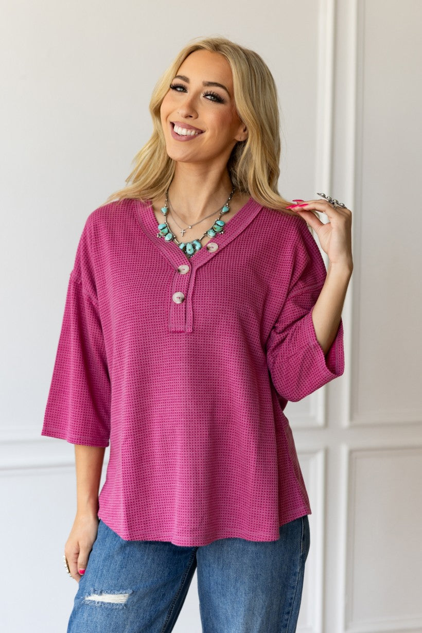 Two Tone Thermal Washed Top- Berry