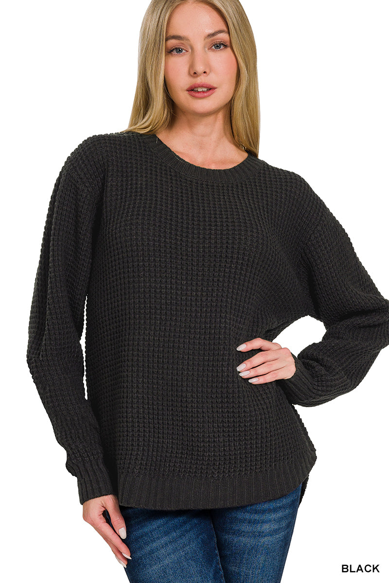 Hi-Low Waffle Knit Sweater - Black
