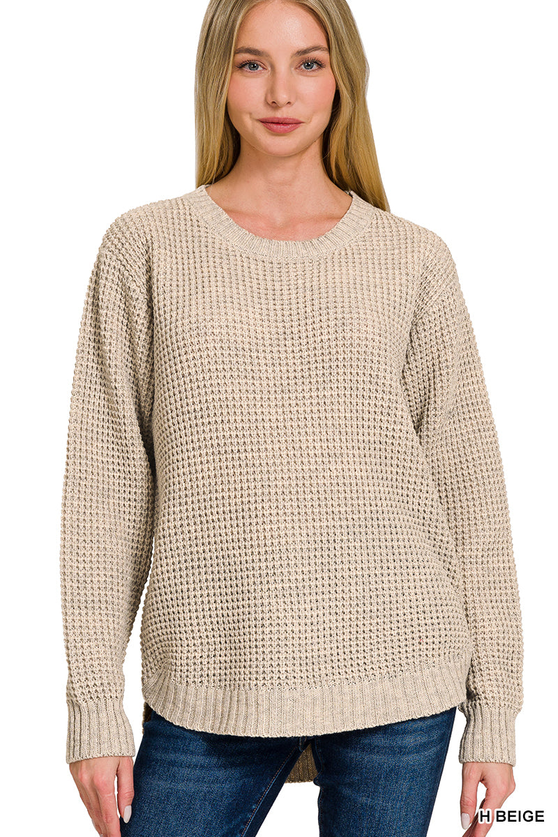 Hi-Low Waffle Knit Sweater - Beige