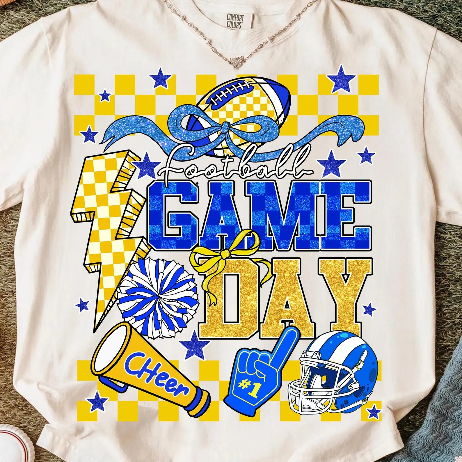 Blue & Yellow Glitter Football Game Day Graphic T-Shirt