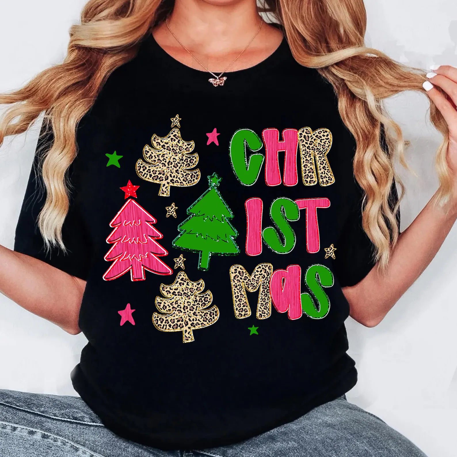 Pink & Leopard Christmas Graphic T-Shirt