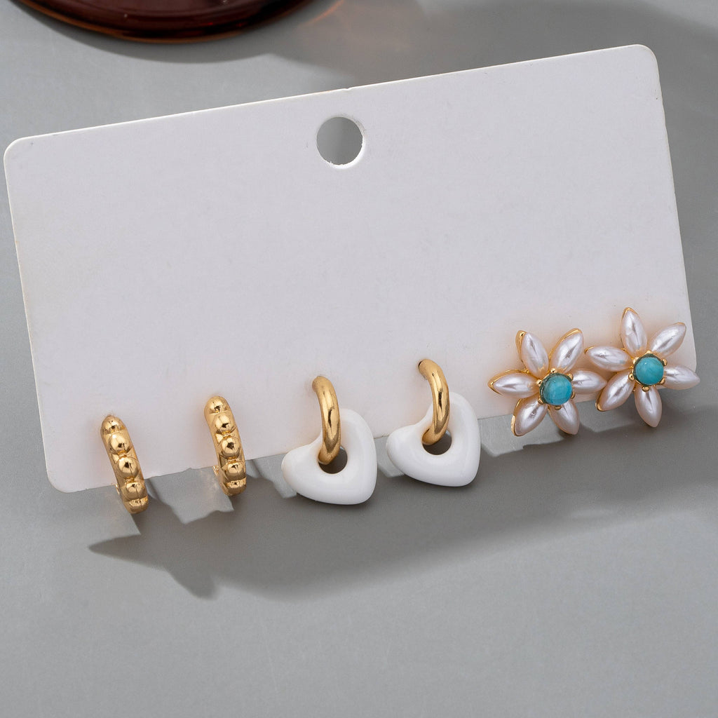 HUGGIE HOOP BALL FLORAL HEART TRIO EARRINGS