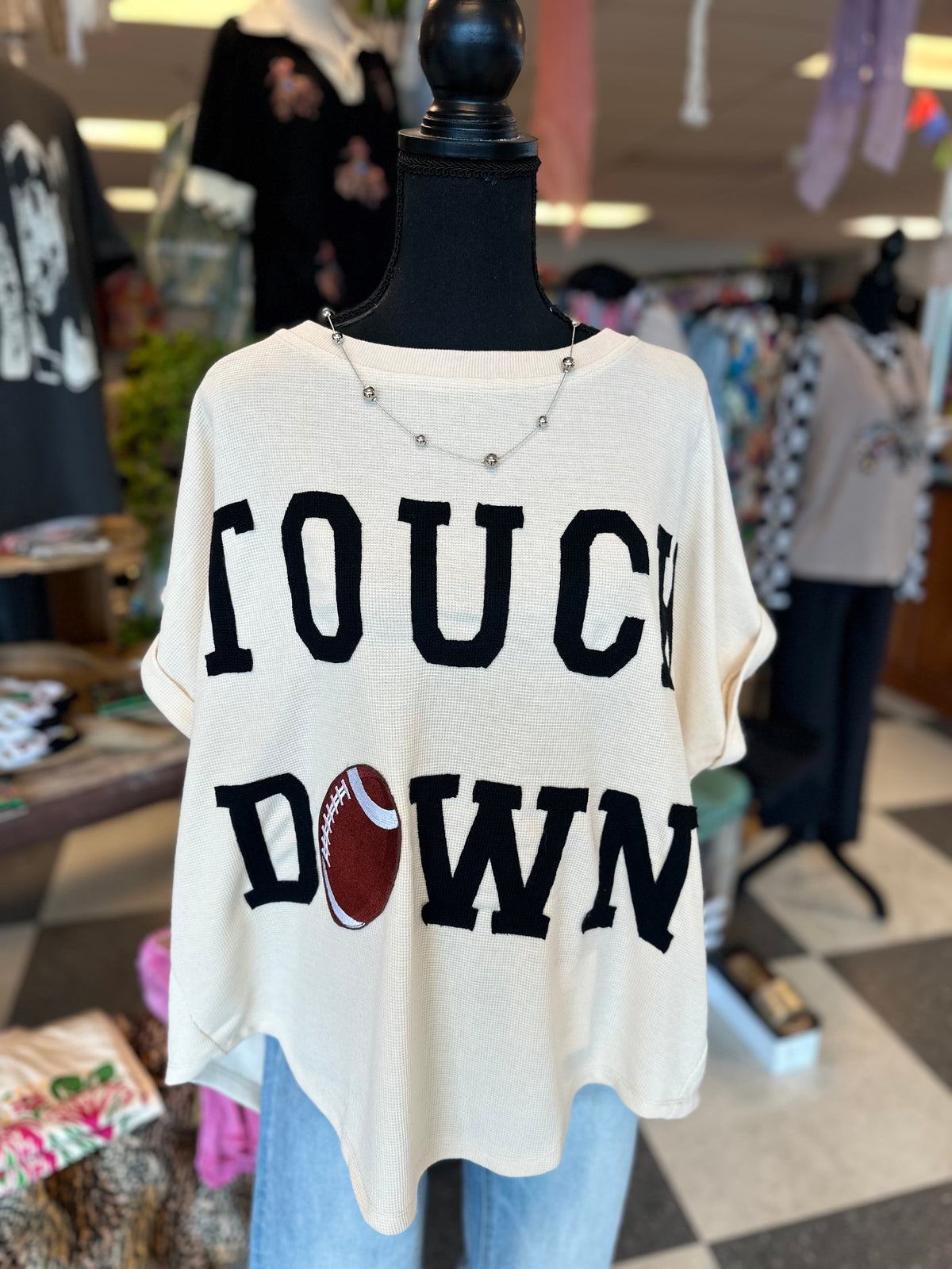 Gameday Touchdown Letter Patches Waffle Short Sleeves Top