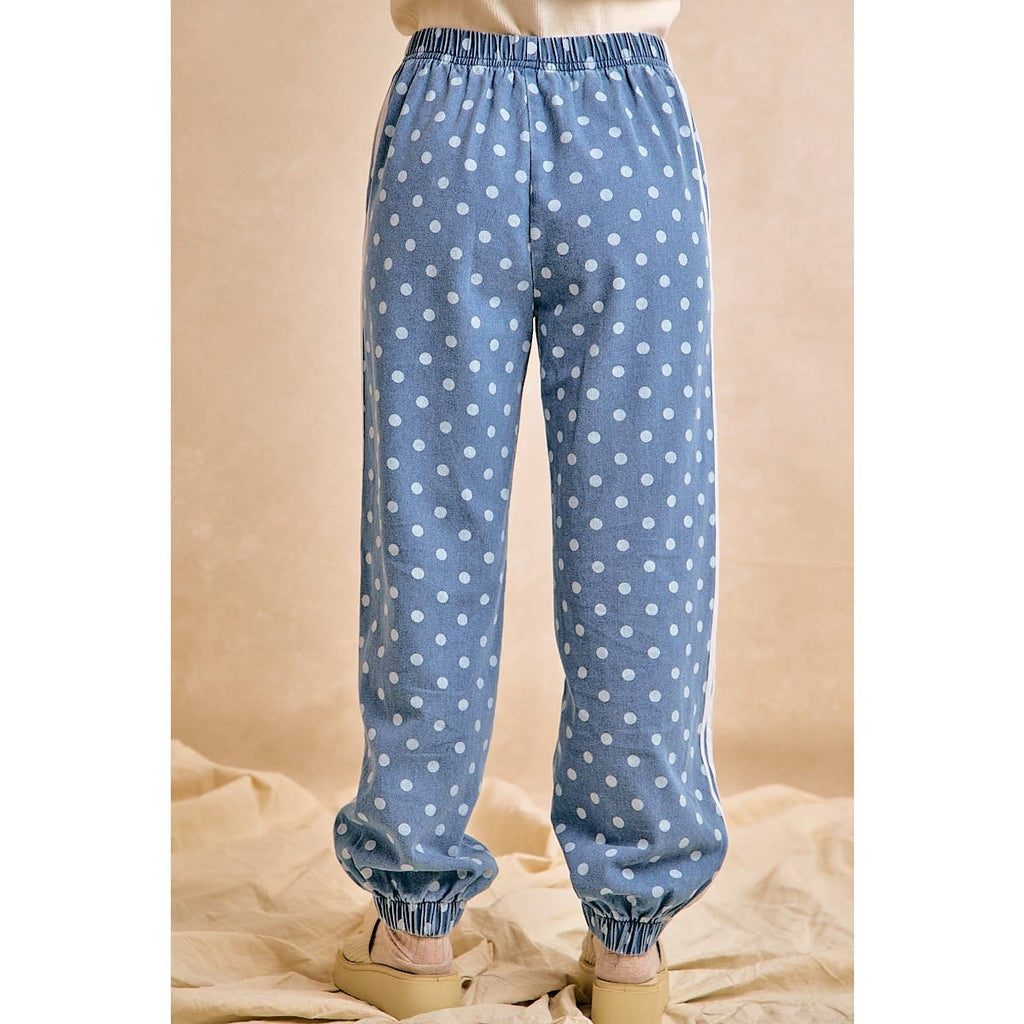 WASHED DENIM POLKA DOT ELASTIC HEM JOGGER PANTS: WASHED DENIM / XL
