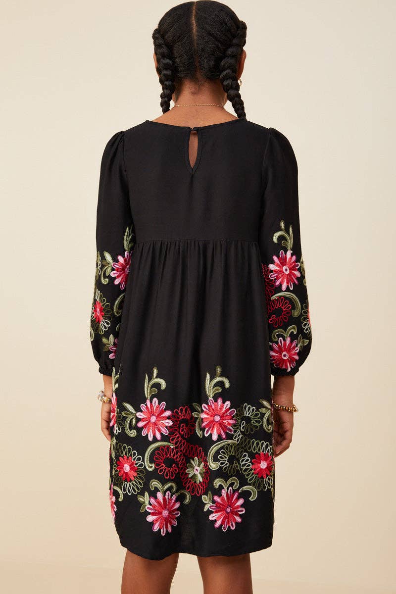 Girls Embroidered Detail Long Sleeve Scoop Neck Dress