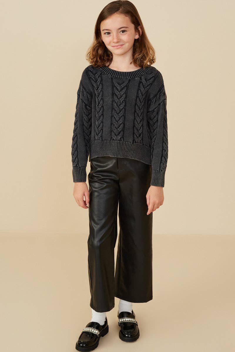 Girls Navy Cable Knit Washed Pullover Sweater