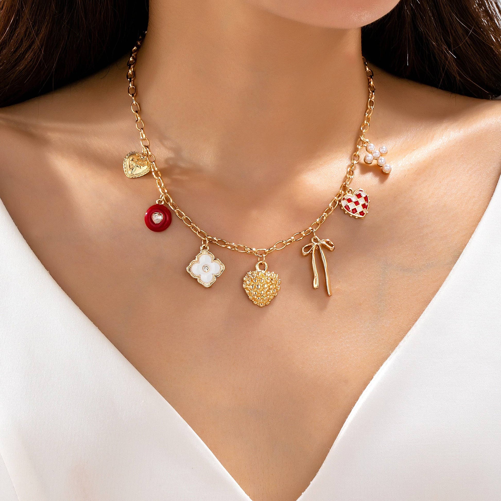 Heart Bow Cross Checker heart Charm Necklace | 80N93301: GOLD