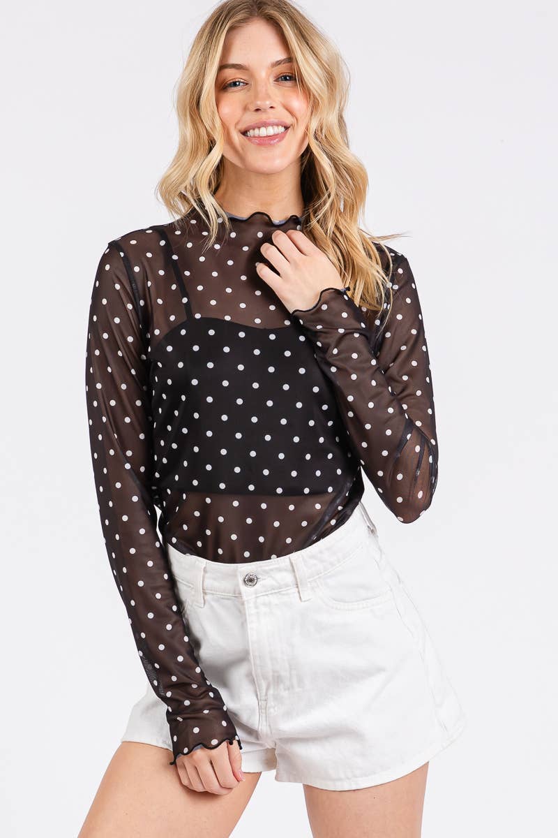 Black & White Polka Dot Mesh Long Sleeve Top