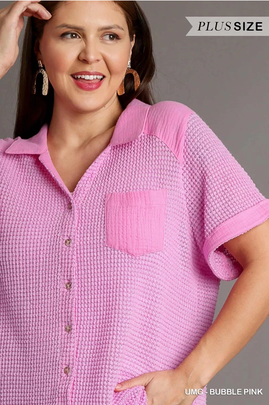Bubble Gum Waffle Knit Button Down Shirt - Curvy