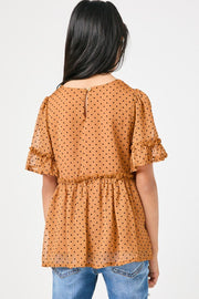 Girls Ruffle Detail Sheer Polka Dot Peplum Top