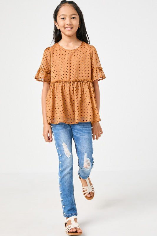 Girls Ruffle Detail Sheer Polka Dot Peplum Top