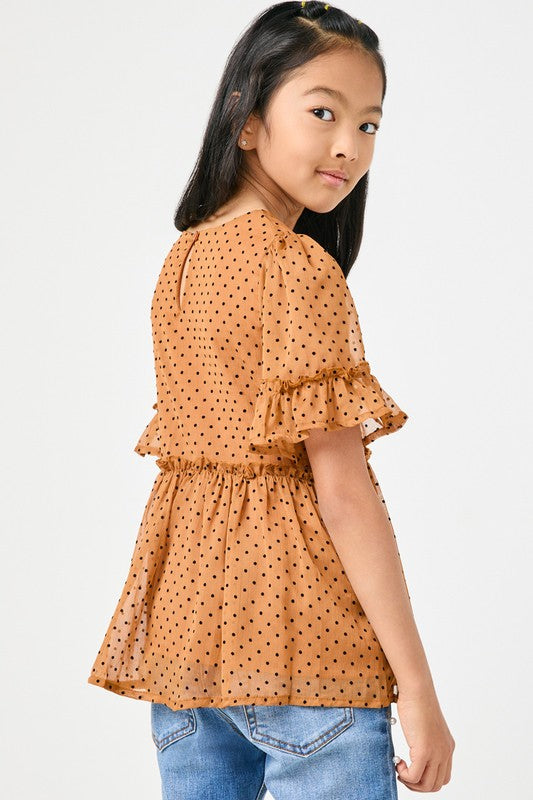 Girls Ruffle Detail Sheer Polka Dot Peplum Top