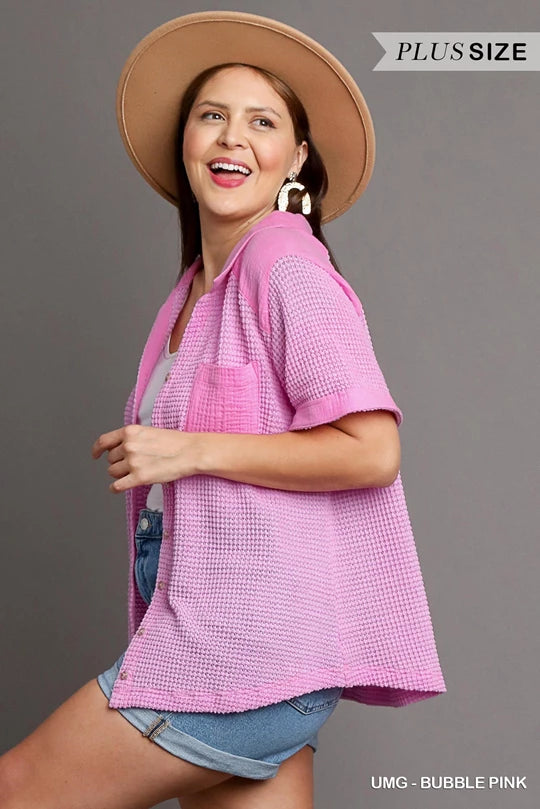 Bubble Gum Waffle Knit Button Down Shirt - Curvy