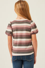 Girls Stripe Puff Sleeve Top