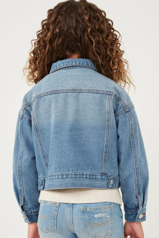 Girls Cargo Pocket Washed Denim Jacket