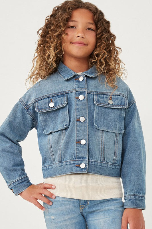 Girls Cargo Pocket Washed Denim Jacket