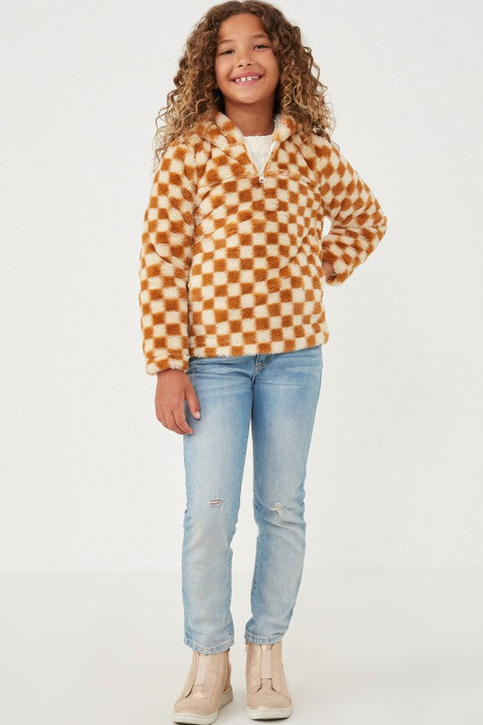 Girls Checkered Half Zip Soft Fleece Hoodie