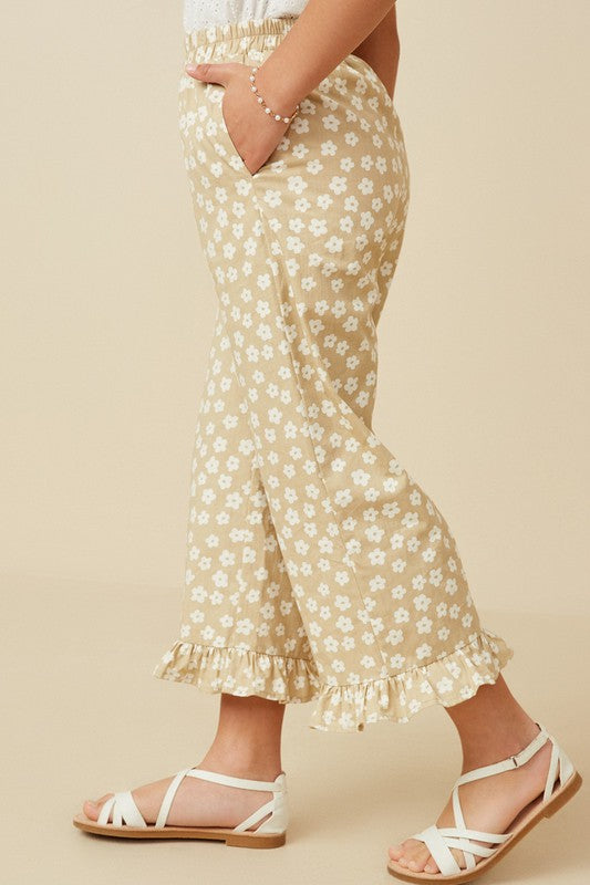 Girls Floral Elastic Waist Ruffle Hem Pants