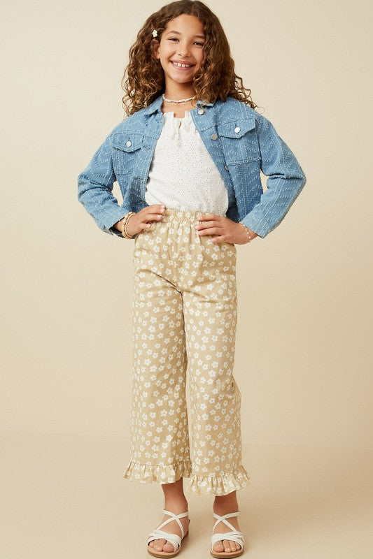 Girls Floral Elastic Waist Ruffle Hem Pants