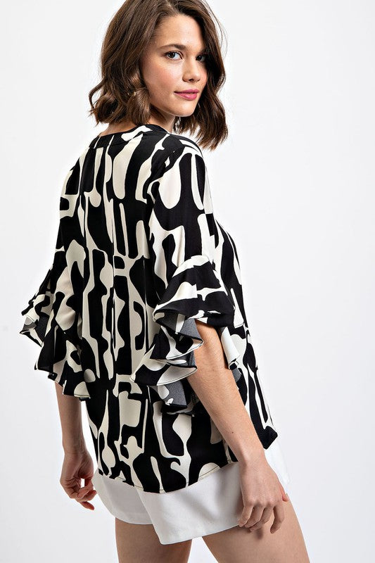 Geometric Print Ruffled Bell Sleeve Woven Top