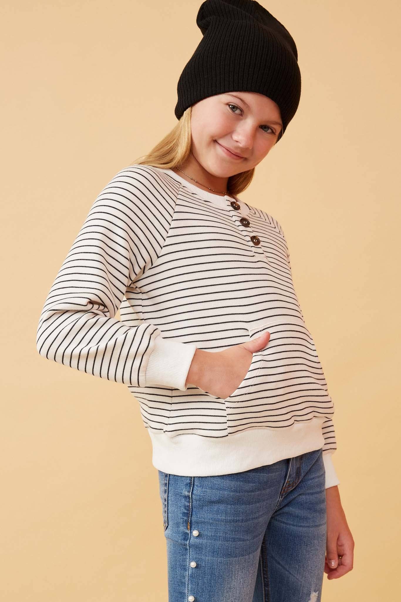 Girls Striped Kangaroo Pocket Knit Long Sleeve Henley