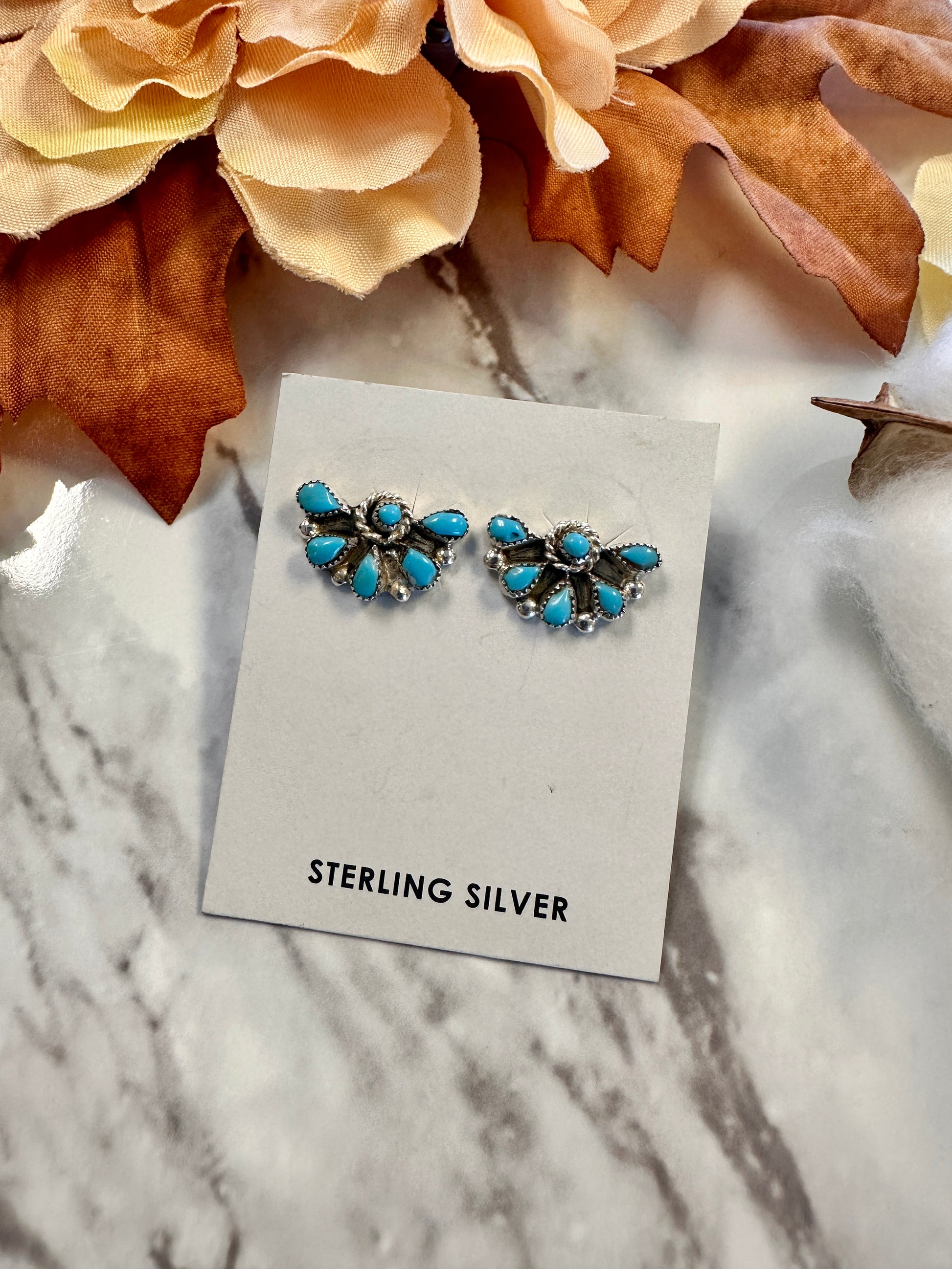 Authentic Zuni Turquoise Half Cluster Stud Earrings by Herbert Lastiyano