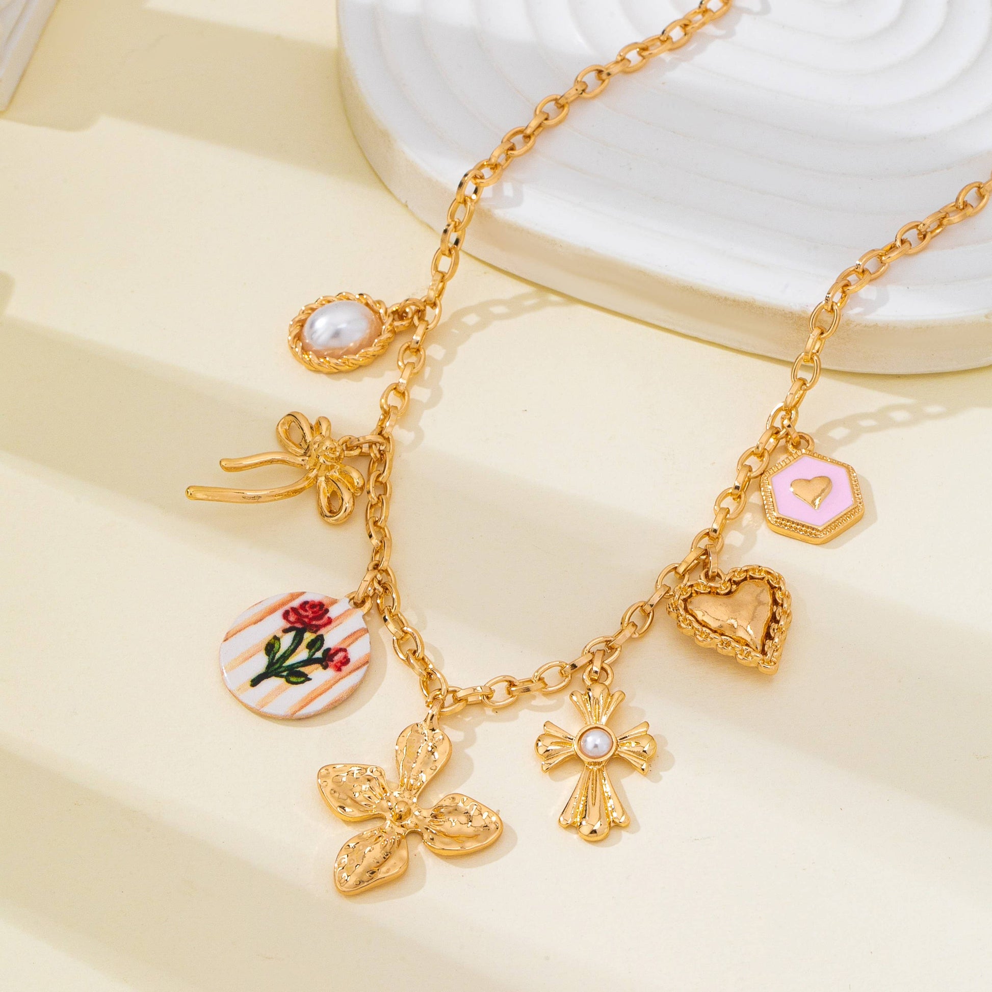 Vintage-Inspired Flower Pearl Cross Heart Necklace