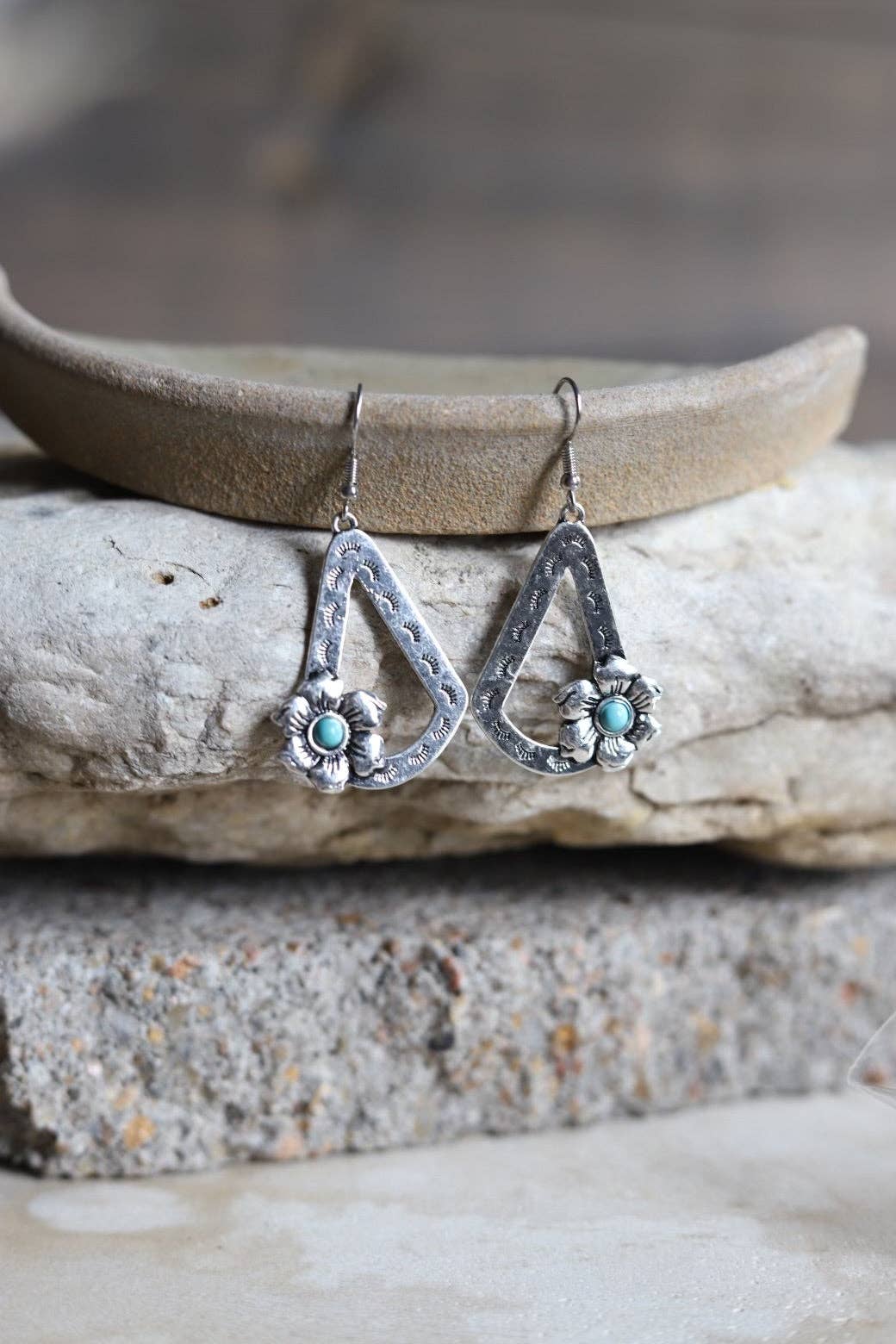 Silver Dangle Earrings with Flowers and Turquoise