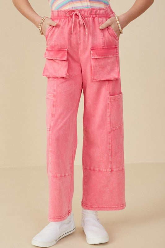 Girls Washed Cargo Pocket Detail Wide Leg Knit Pants