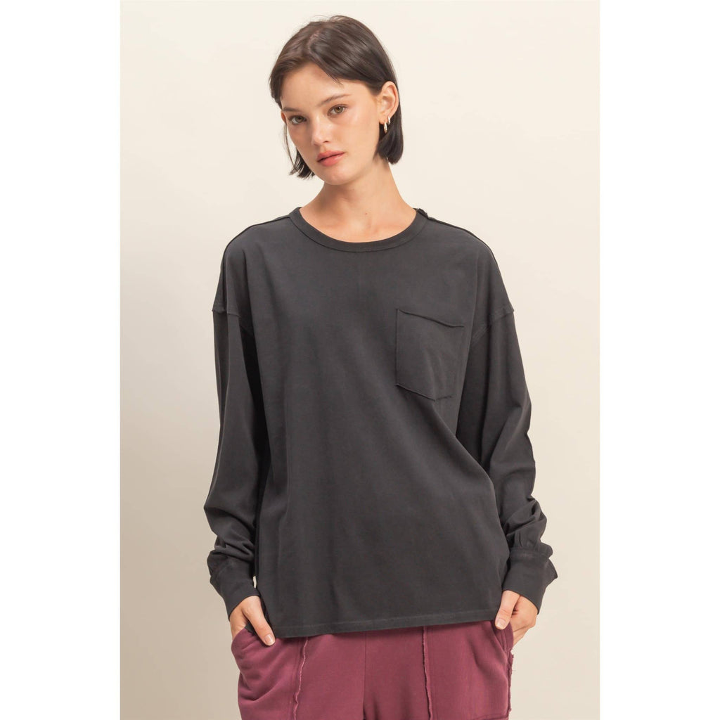 Oversized Washed Long Sleeve Black Pocket Tee