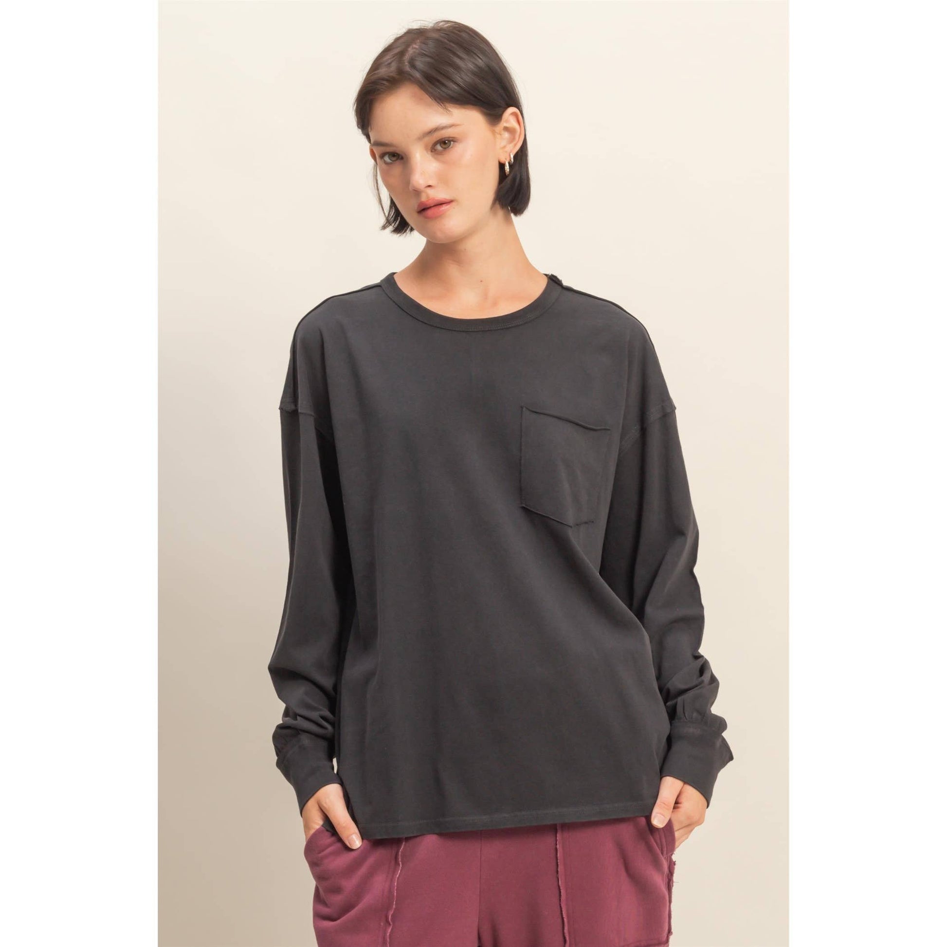 Oversized Washed Long Sleeve Black Pocket Tee
