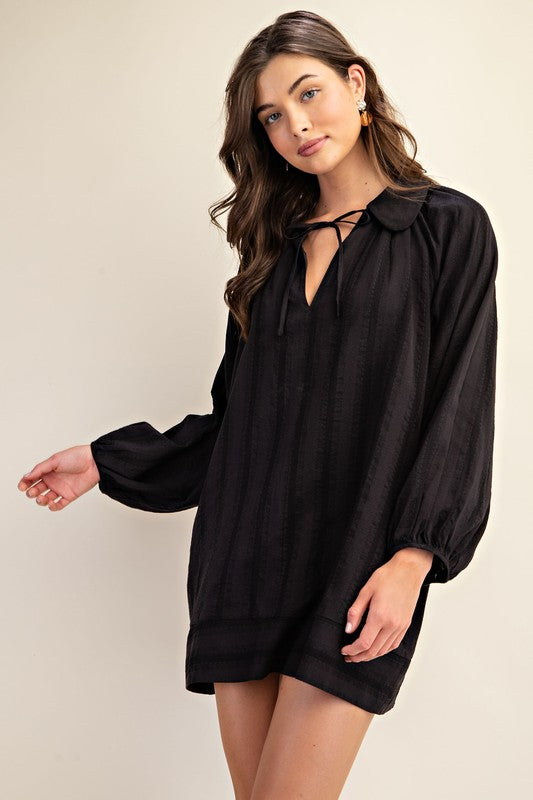 Artisan Textured Balloon Sleeve Mini Dress with Front Tie