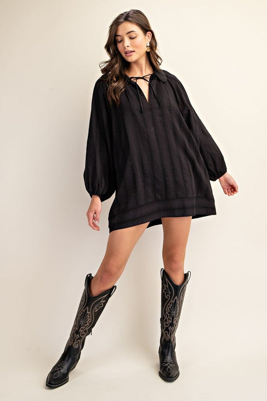 Artisan Textured Balloon Sleeve Mini Dress with Front Tie
