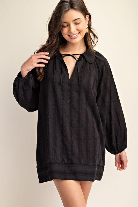 Artisan Textured Balloon Sleeve Mini Dress with Front Tie