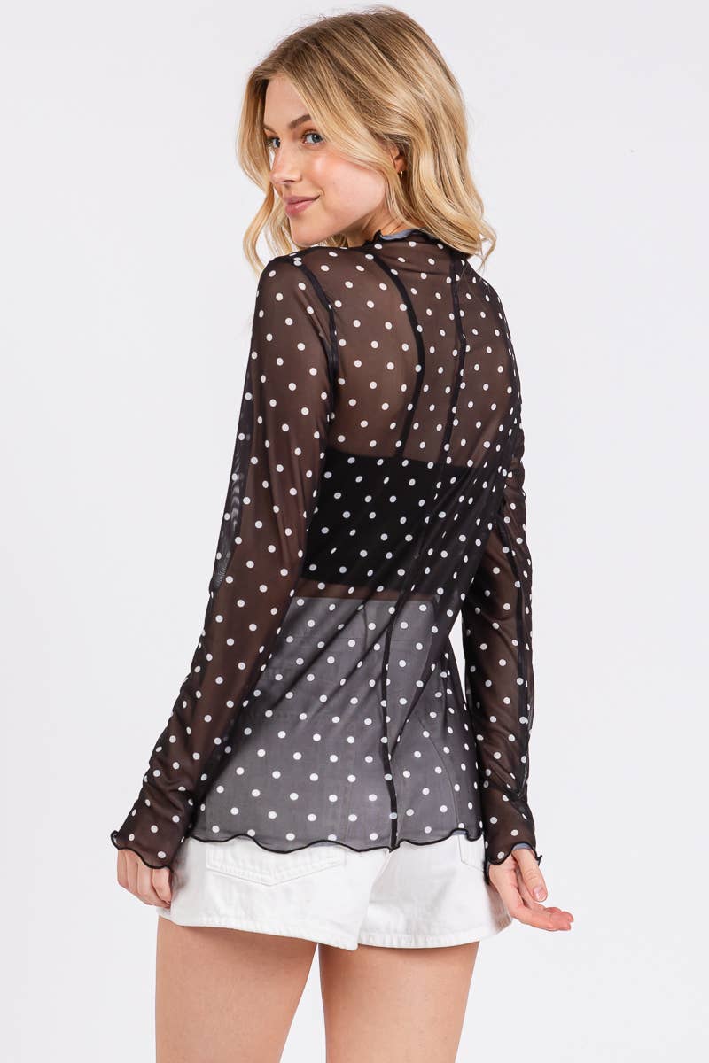 Black & White Polka Dot Mesh Long Sleeve Top