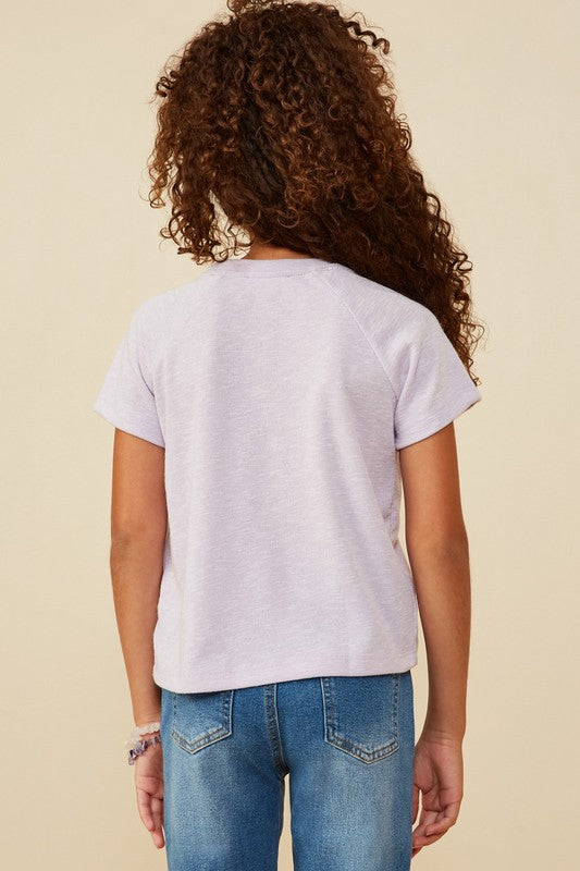 Girls Pearl Ribbon Patch Knit T-Shirt - Lavender