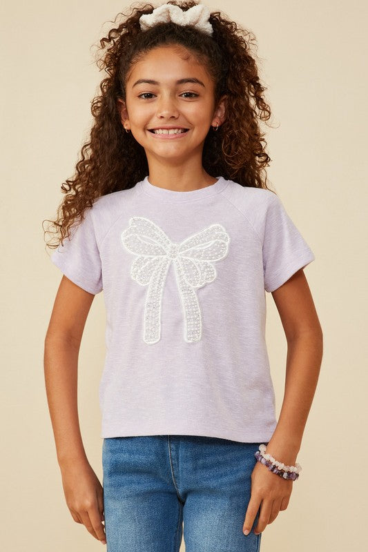 Girls Pearl Ribbon Patch Knit T-Shirt - Lavender