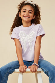 Girls Pearl Ribbon Patch Knit T-Shirt - Lavender