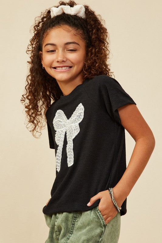 Girls Pearl Ribbon Patch Knit T-Shirt - Black