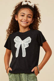 Girls Pearl Ribbon Patch Knit T-Shirt - Black