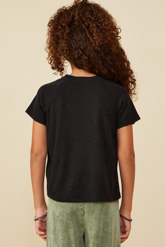 Girls Pearl Ribbon Patch Knit T-Shirt - Black