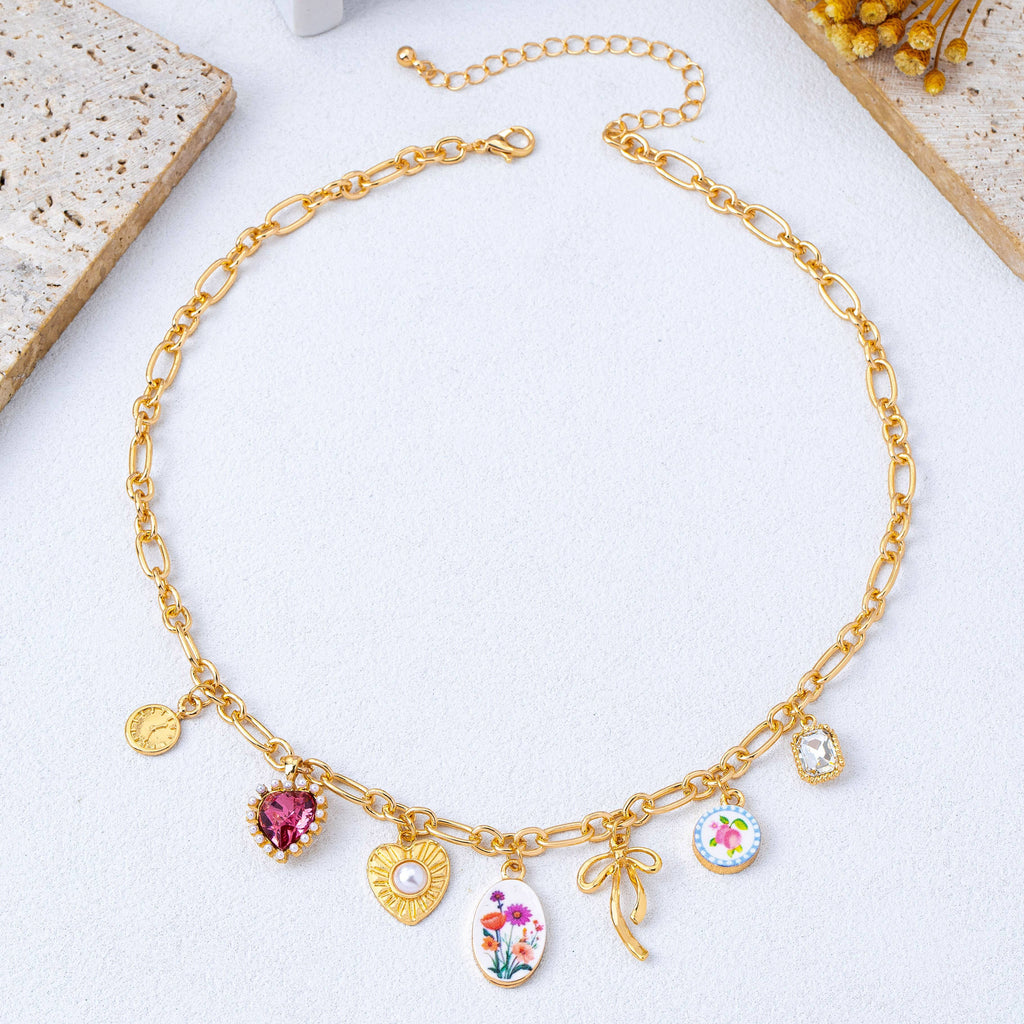 Vintage Bow Porcelain Multi-Charm Link Necklace