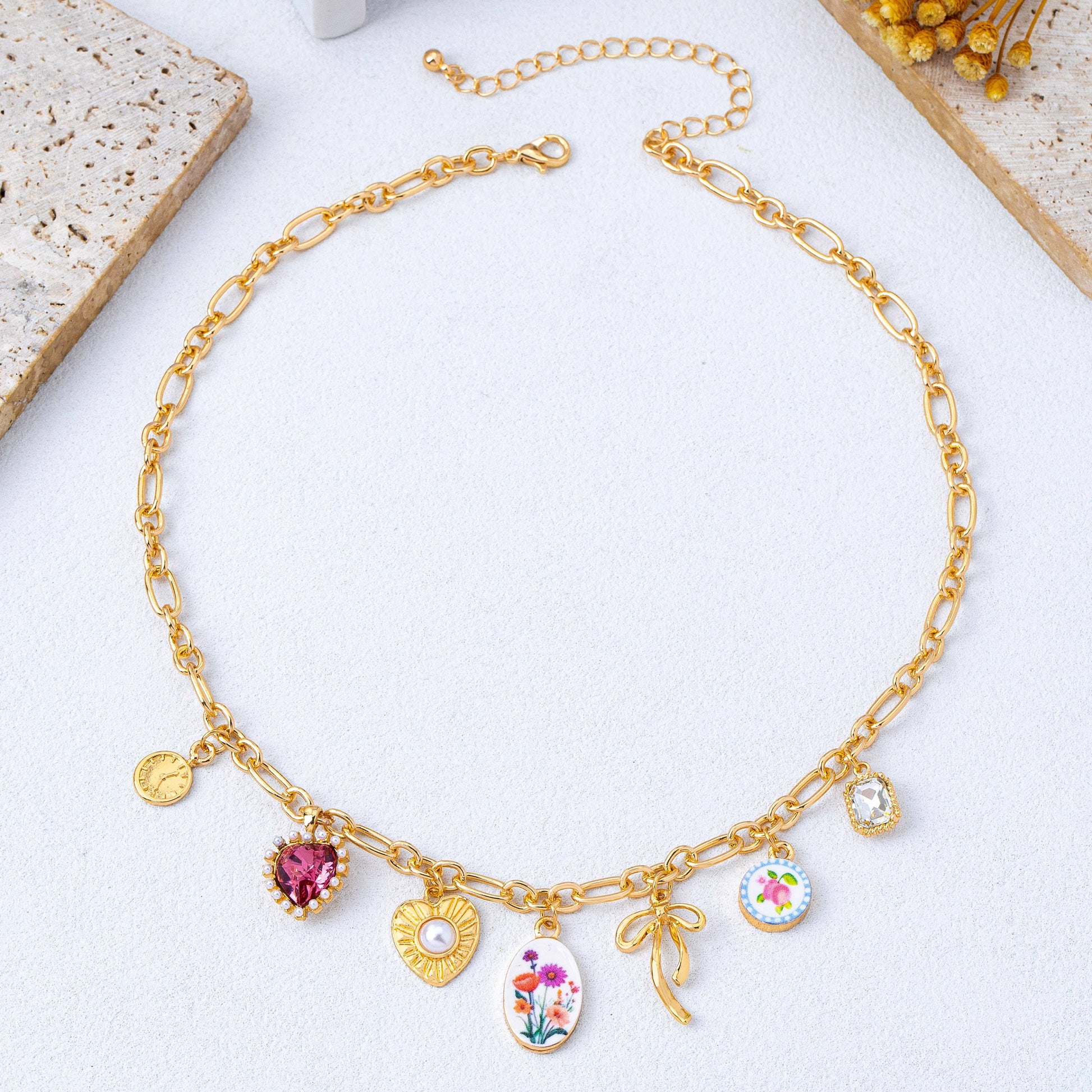 Vintage Bow Porcelain Multi-Charm Link Necklace