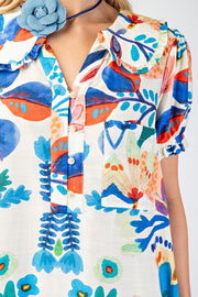 Peter Pan Collar Button Down Mini Dress with Short Puff Sleeves